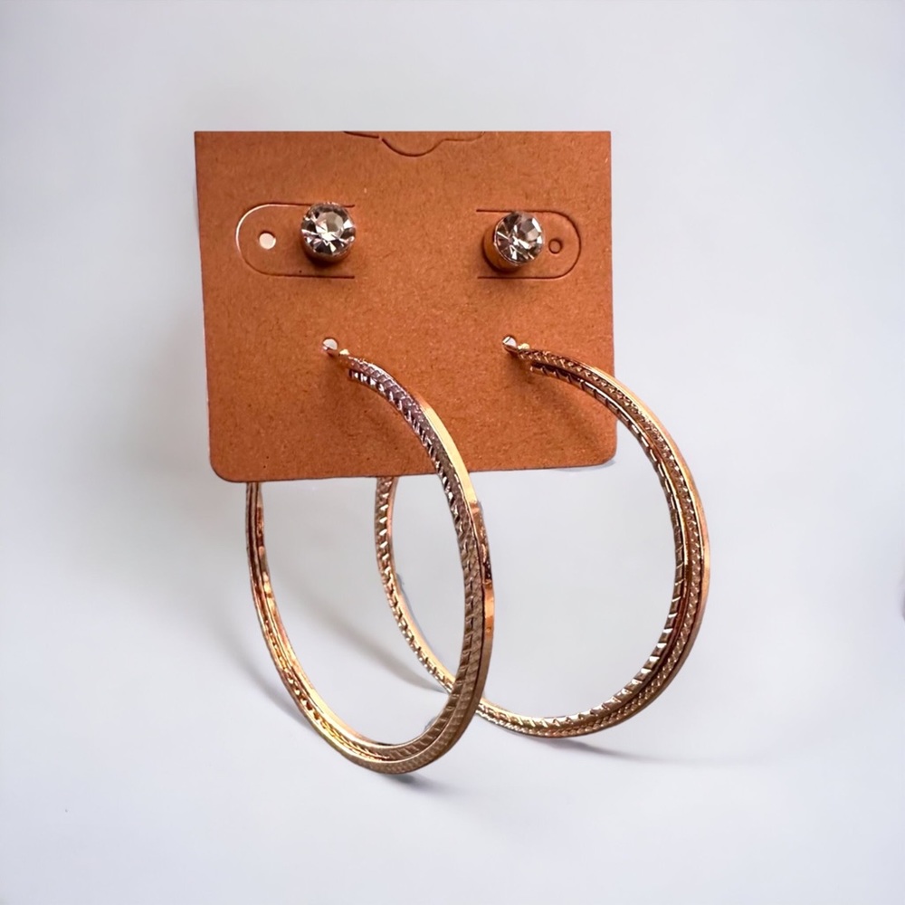 BOGO Gold Engraved Design Hoop Earrings Classic CZ Diamond Studs SET
